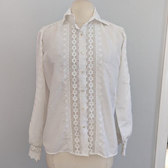 Women's Vintage Adelaar 12 White Lace Button Down Blouse USA MADE SPOT - Picture 1 of 10